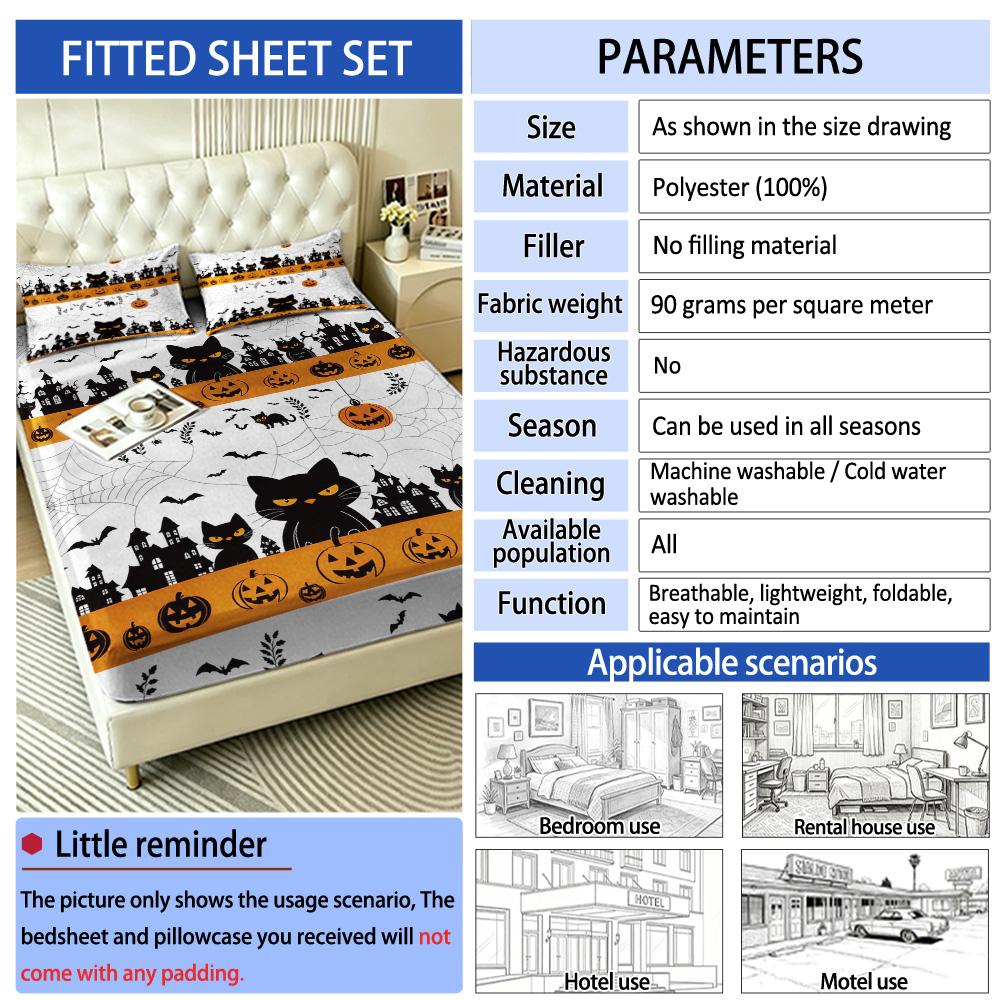 Halloween Spider Web Black Cat Pumpkin Fitted Sheet 3PCS Set Spooky Bedding Set 1 Fitted Sheet + 2 Pillowcases
