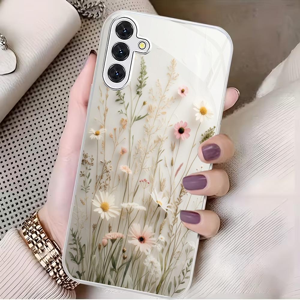 Transparente Glas-Handyhülle mit Blumenmuster, geeignet für Samsung Galaxy S26 S25 S24 S23 S22 S20 FE/Ultra/Plus, stoßfeste Rückseite