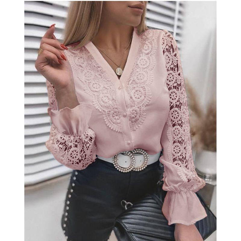 

Women Lace Stitching Long-Sleeved Shirt Lace Light Pink V Neck S