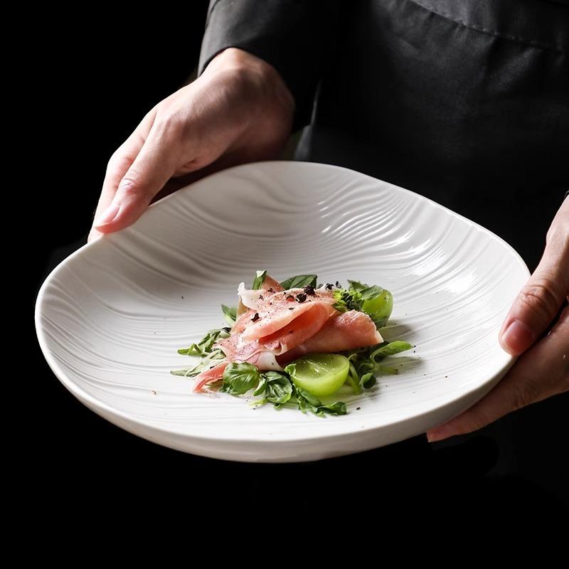 Irregular Ceramic Deep Plate Water Ripple Pure White Salad Plate Thick Soup Plate Dessert Dish Pasta Plates Creative Tableware