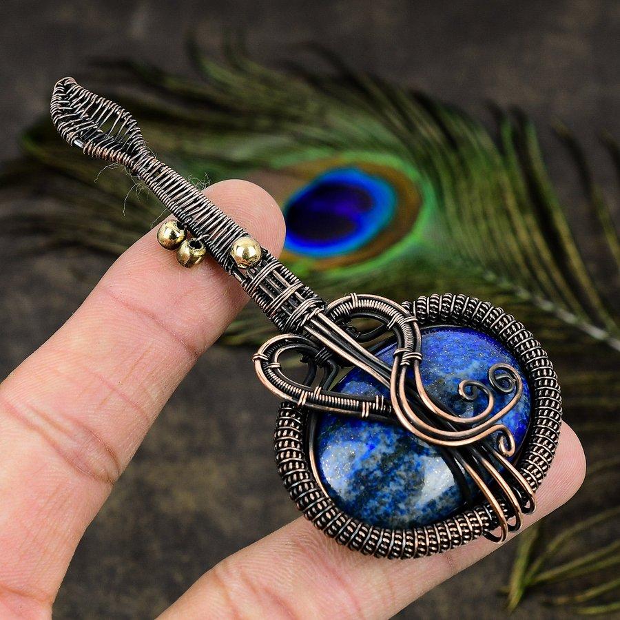 Natural Lapis Lazuli Gemstone Handmade Copper Wire Wrap Pendant 3.82 Z8M71