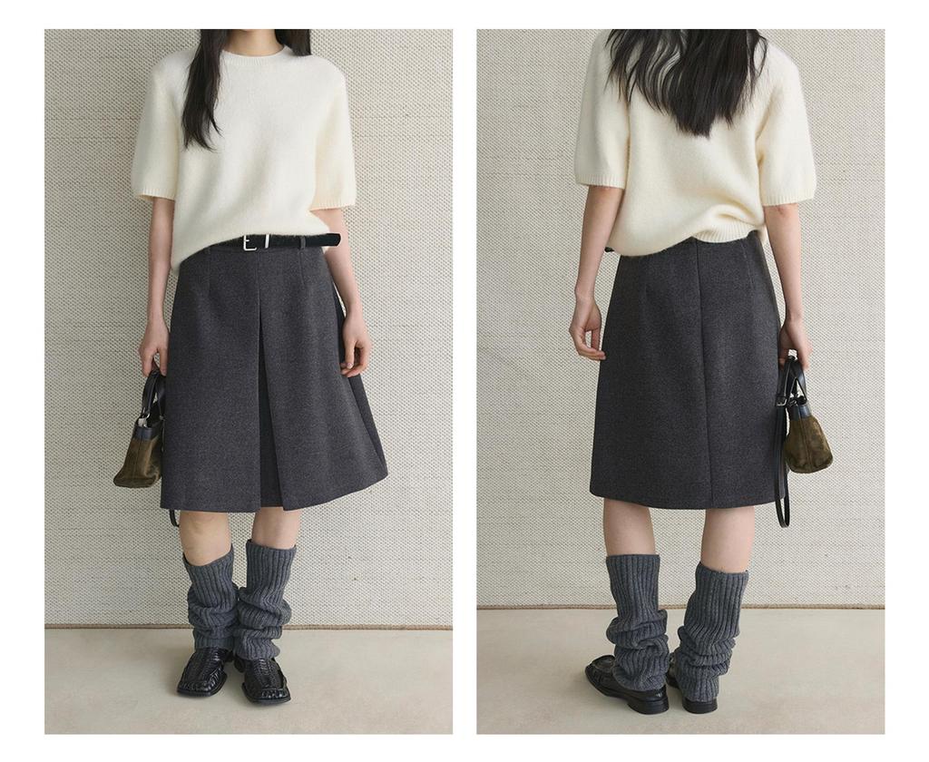 Xu Man Retro Korean Pleated Wool Midi Skirt for Women