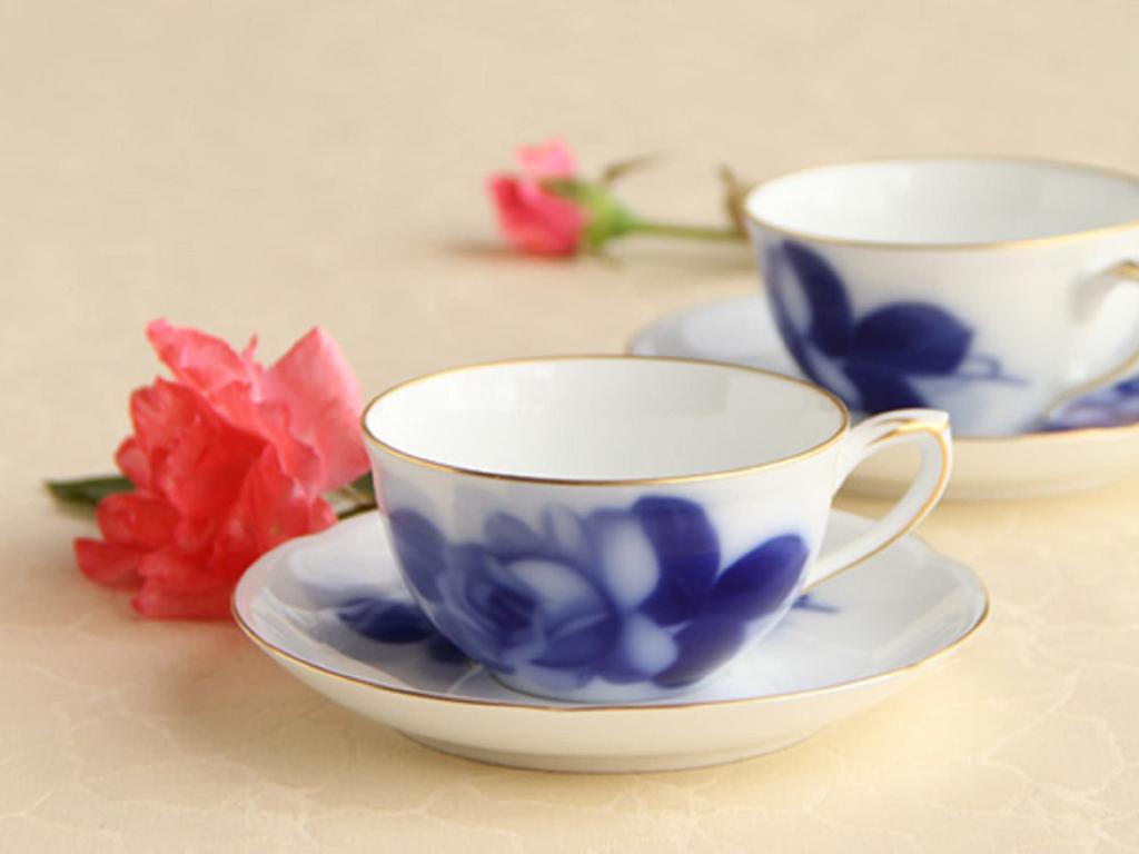 Okura Art China Blue Rose Cup Saucer Pair Made In & Set, Coffee/Tea, Approx. 200cc, Japan, 96CR/8211