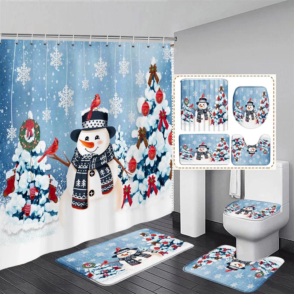 Red Christmas Shower Curtain Set Funny Santa Claus Gift Green Pine Branches Xmas Balls Home Bathroom Decor Bath Mat Toilet Cover