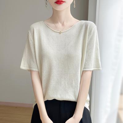 Pulover Tricotat cu Mânecă Scurtă din Mătase de Gheață de Vară, Tricou Larg cu Gât Rotund, Top la Modă și Versatil