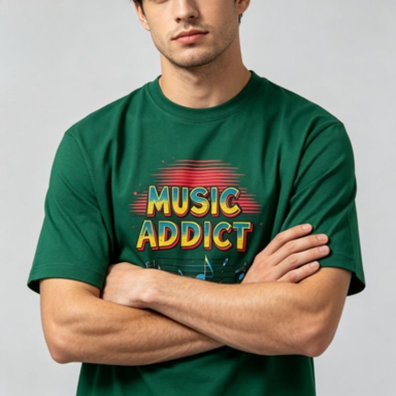 Soft Cotton Unisex Tshirt Vintage Music Addict Note Art Print Oneck Trendy Loose Fit Hip Hop Daily Casual Outfit Tops