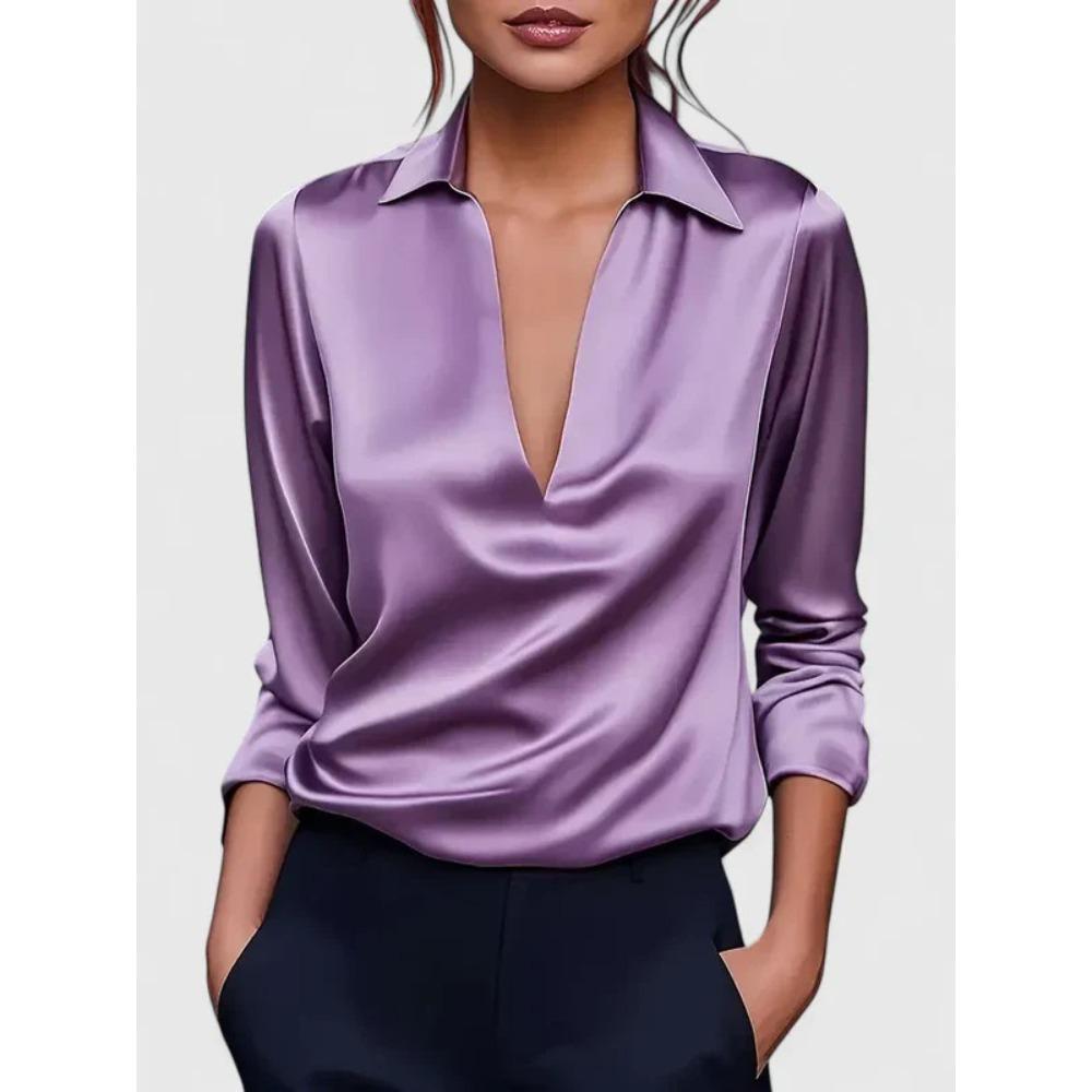 Women's Turn Down Collar Long Sleeve Deep V Neck Solid Satin Elegant Office Blouse Casual Daily Shirt