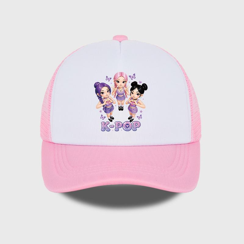 K-Pop Cute Cartoon Girl Group Print Sponge Mesh Cap | Unisex Adjustable Mesh Baseball Cap | Y2K K-Pop Fan Street Style Sun Hat