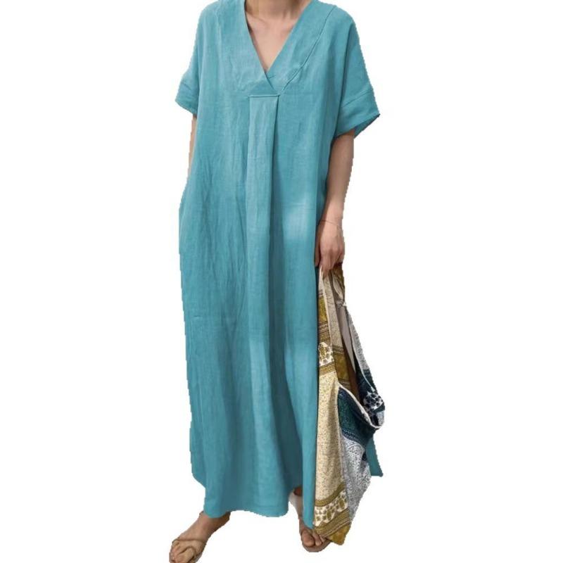 Womens Casual Short Sleeve V Neck Solid Color Long Dress