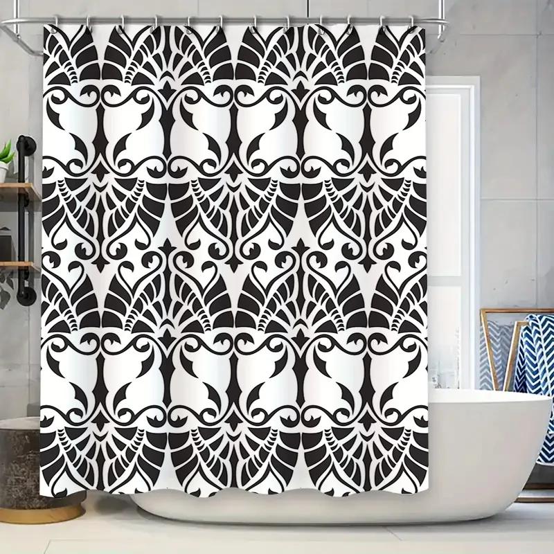 

Elegant black and white floral shower curtain for bathroom decor waterproof fabric with hooks (60x72) W90xH180cm