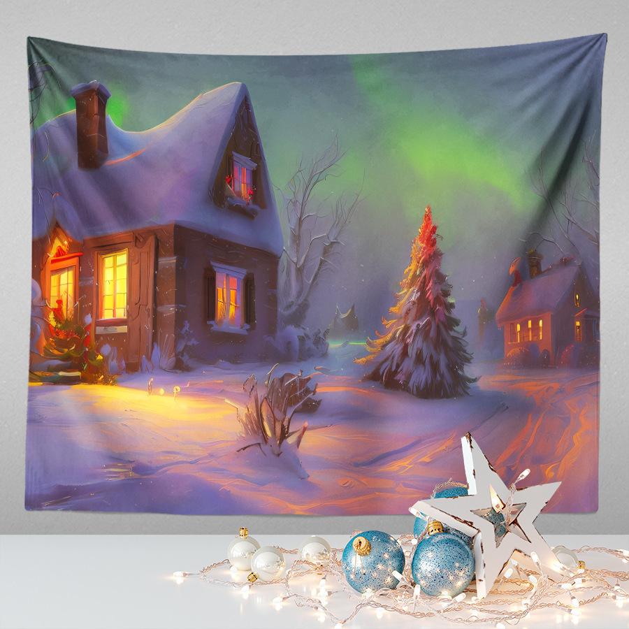 Amazon Festive Hanging Cloth Christmas Background Cloth Printed Cartoon Christmas Tree Snowman Tapestry
