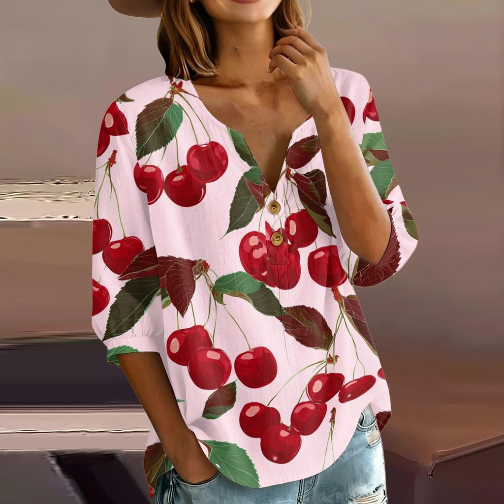 Women’s Casual Floral Print Henley Neck 3/4 Sleeve Cotton Linen Shirt with Button Front Loose Fit Blouse for Spring Summer Wear