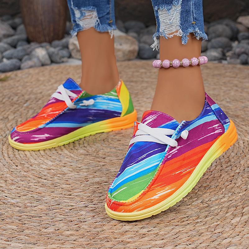 2025 New Plus-size Lace-up Color Low-top Shoes Women's Ethnic Style Graffiti Lazy Canvas Flat Shoes