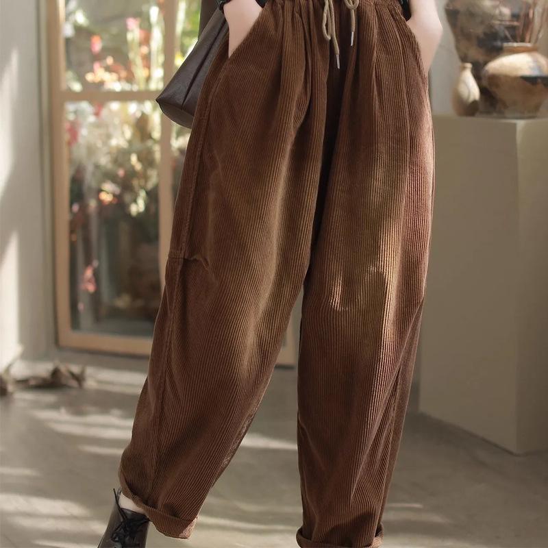 

Women s Retro Corduroy Harem Pants - Elastic Waist, Lace-up, Patchwork, Plus Velvet, Thickened for Spring/Autumn 3XL