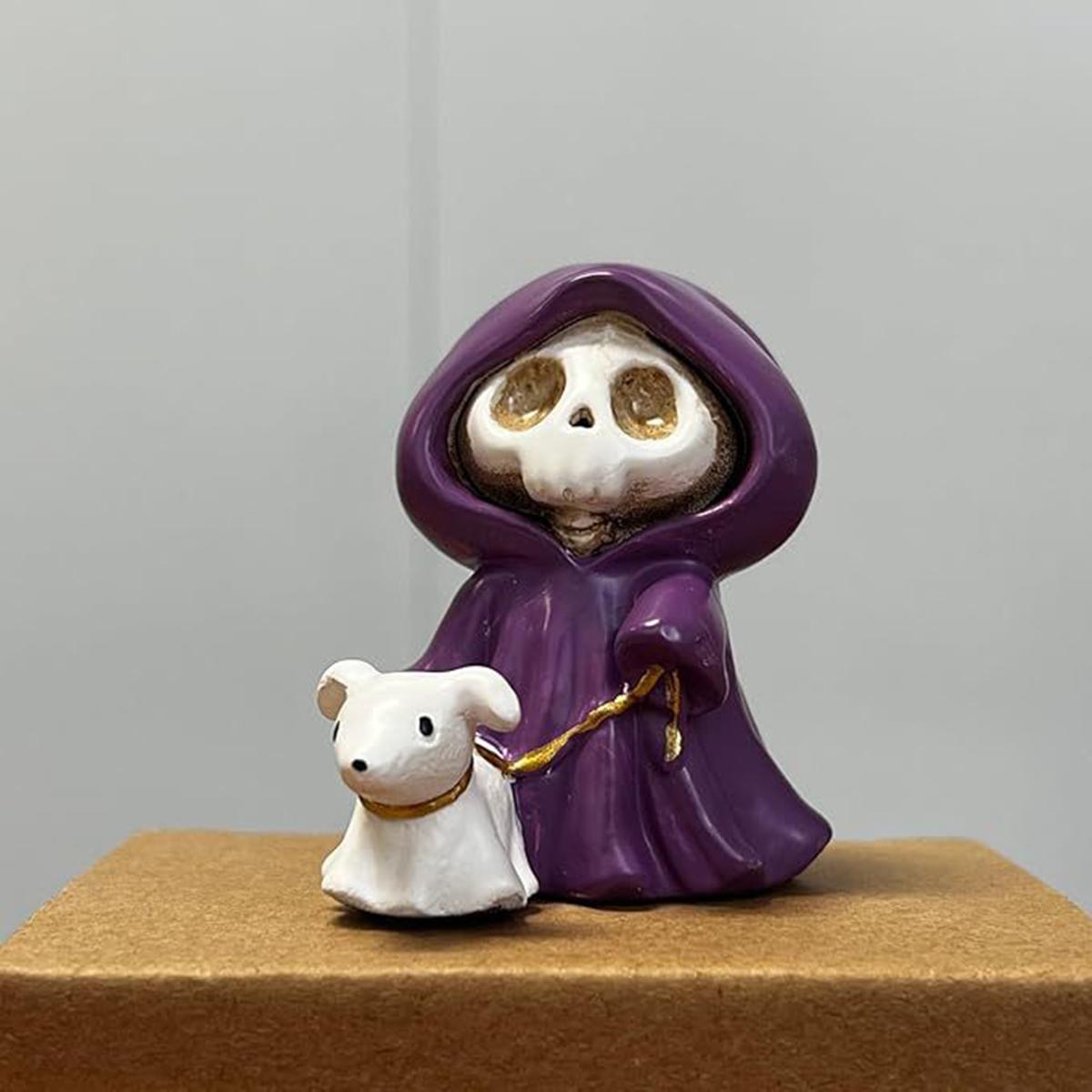 

Cute Grim Reaper with Dog Statue - Halloween Resin Figurine with Purple Cloak, Ghost Decor Skeleton Gift Collection