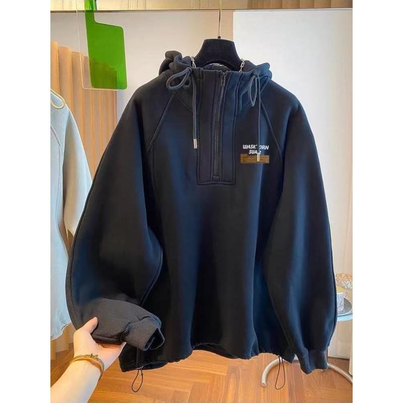 

Large Size Half Zipper Hooded Fleece Thickened Sweater Women s Autumn and Winter Design Sense Thin Top XXXXL чёрный