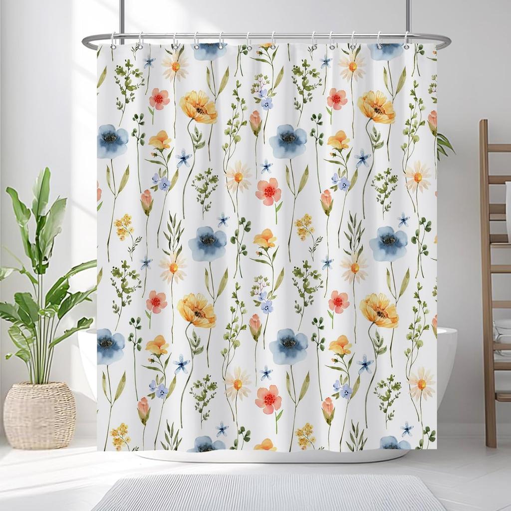 Blue Watercolor Floral Shower Curtain, Botanical Wildflower Design, Waterproof Polyester With Hooks