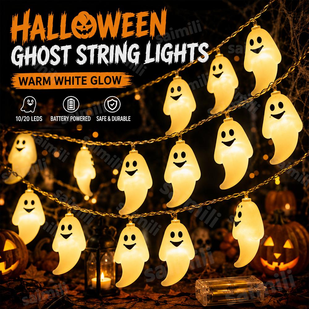 Halloween Ghost LED String Lights Long Lasting Battery Halloween Horror Atmosphere For Home Party Holiday DIY Decor Lighting