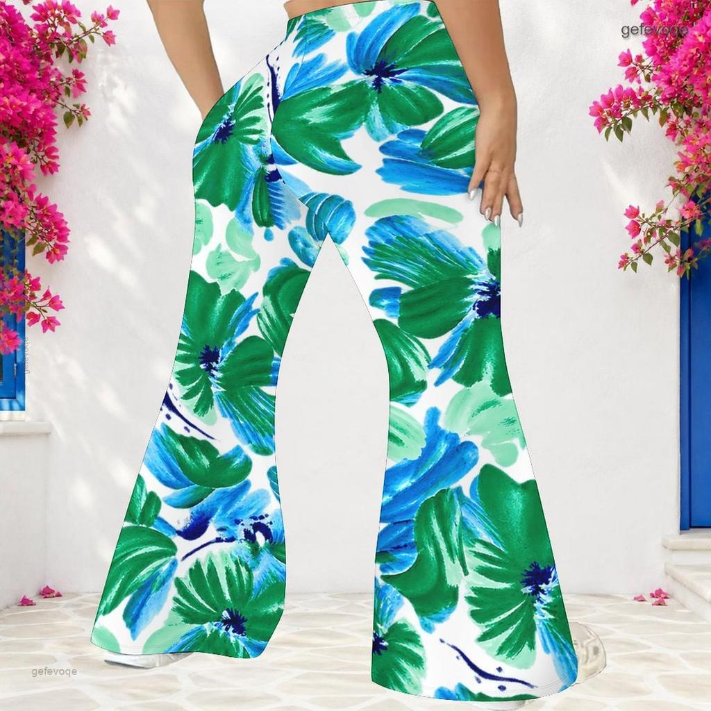 Pantalon évasé long taille haute pour femme grande taille avec imprimé feuilles tropicales
