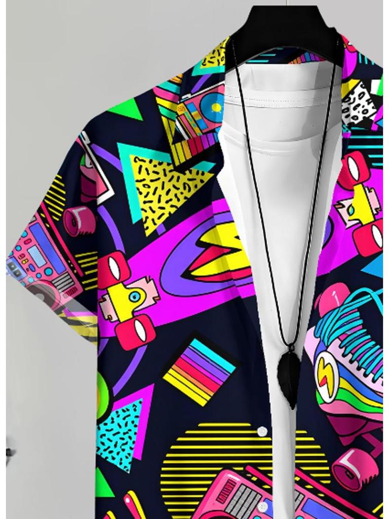 Men's Casual Short - Sleeve Shirt, with Recorder Pattern Print, Polyester Material, Multiple Specifications Available, Suitable for Daily Wear,