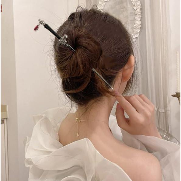 Silver-tone Sword Hairpin with Red Gem Charm - Single Prong Kanzashi Hair Stick for Japanese and Western Outfits - Ideal for Summer Festivals,
