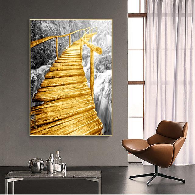 Golden Bridge Tree Lake Scene Black Landscape Poster Print Canvas Paintings Wall Art Pictures for Living Room Home Decor Cuadros No Frame