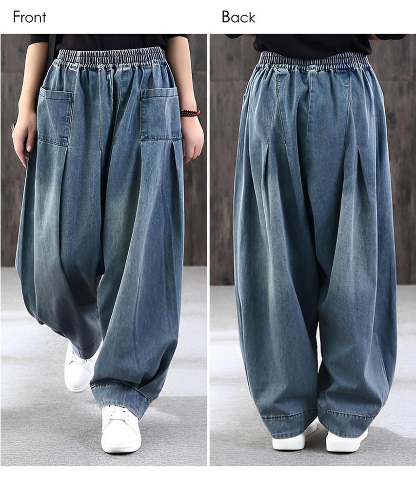 Pantaloni Larghi Comodi Chunach Denim Gaucho Sarouel Jogger Sportivi Gamba Larga Piegati Avvolti Ampi Lunghi Naturali da Donna, Pantaloni,