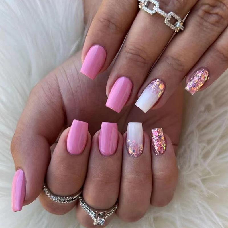 

Medium Style Square Shaped Nail Patches for Nail Enhancement, Wearing Fake Nails, and Pink Shiny Broken Powder Nail Patches