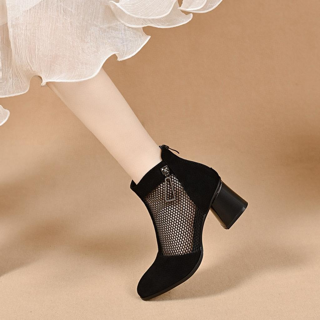 High-heeled mesh shoes women's spring and summer new black mesh water drop buckle breathable thick-heeled high-heeled shoes cool boots fashion shoes
