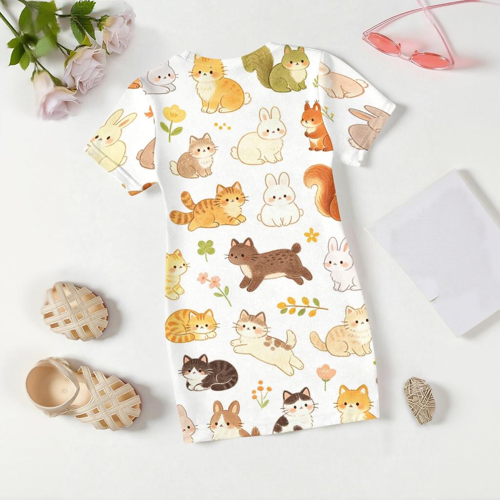 Girls Loose Fit Short Sleeve Dress Animal Print Lightweight Casual Round Neck Summer Dress for Kids
