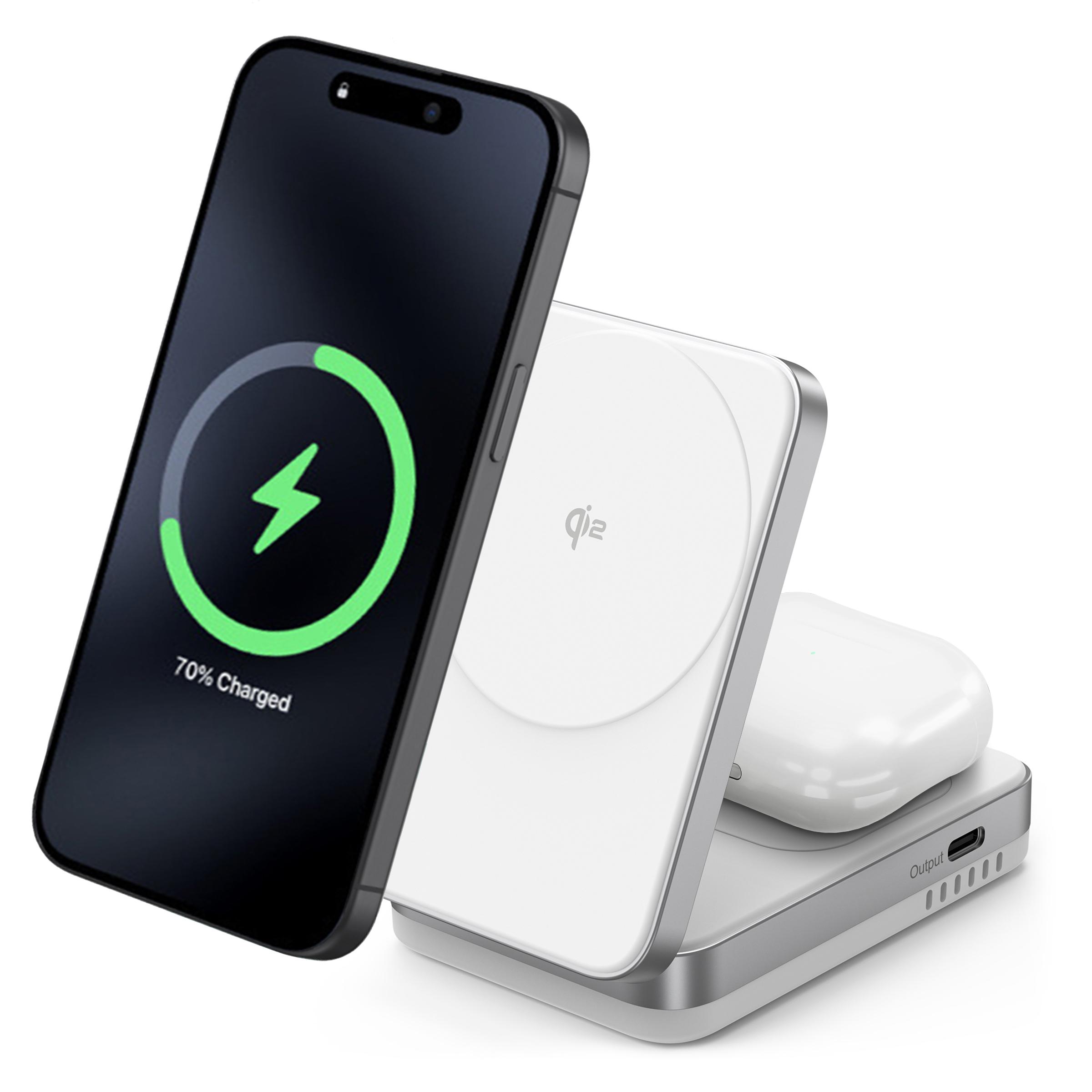 

YF-M29 Сертифікований Qi2 2-в-1 15 Вт Магнітна бездротова зарядка з рамою з алюмінієвого сплаву для навушників/iPhone White