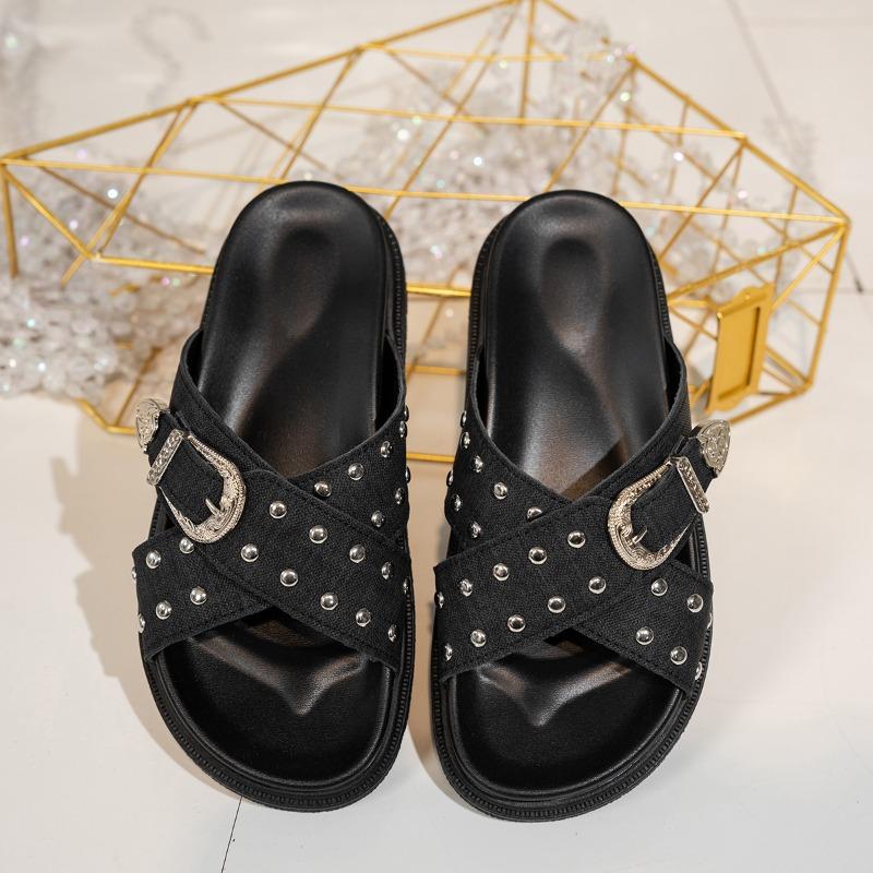 Fashion Summer New Platform Slippers Women Fashion Round Head Open Toe Rivet Metal Buckle Anti-slip Wear-resistant Flat Sandals