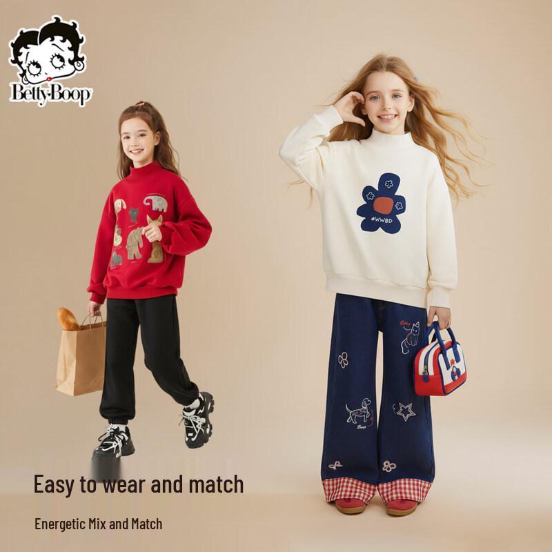 Girls' Fleece-Lined Floral Cartoon Sweatshirt