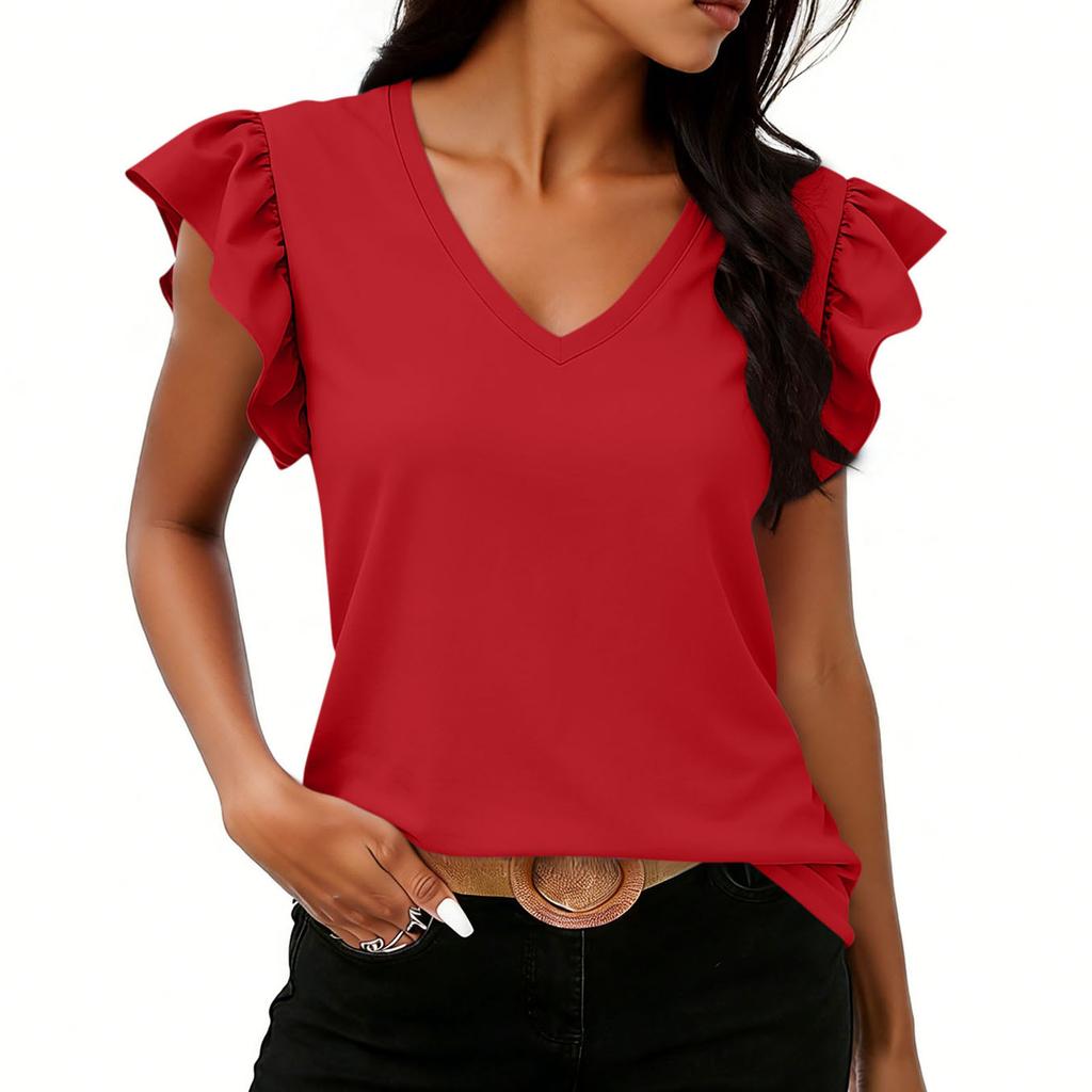 Women Fashion Casual Solid Color Ruffle Sleeve V Neck Short Sleeve Top Lightweight Comfortable Summer Shirt for Daily Wear