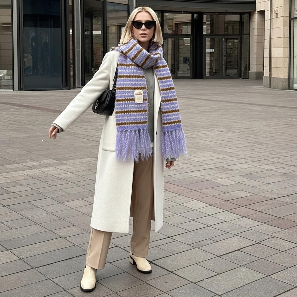 Dolly Para Warm Striped Knit Wool Scarf with Fringe, Winter Cold Protection Accessory (Purple)