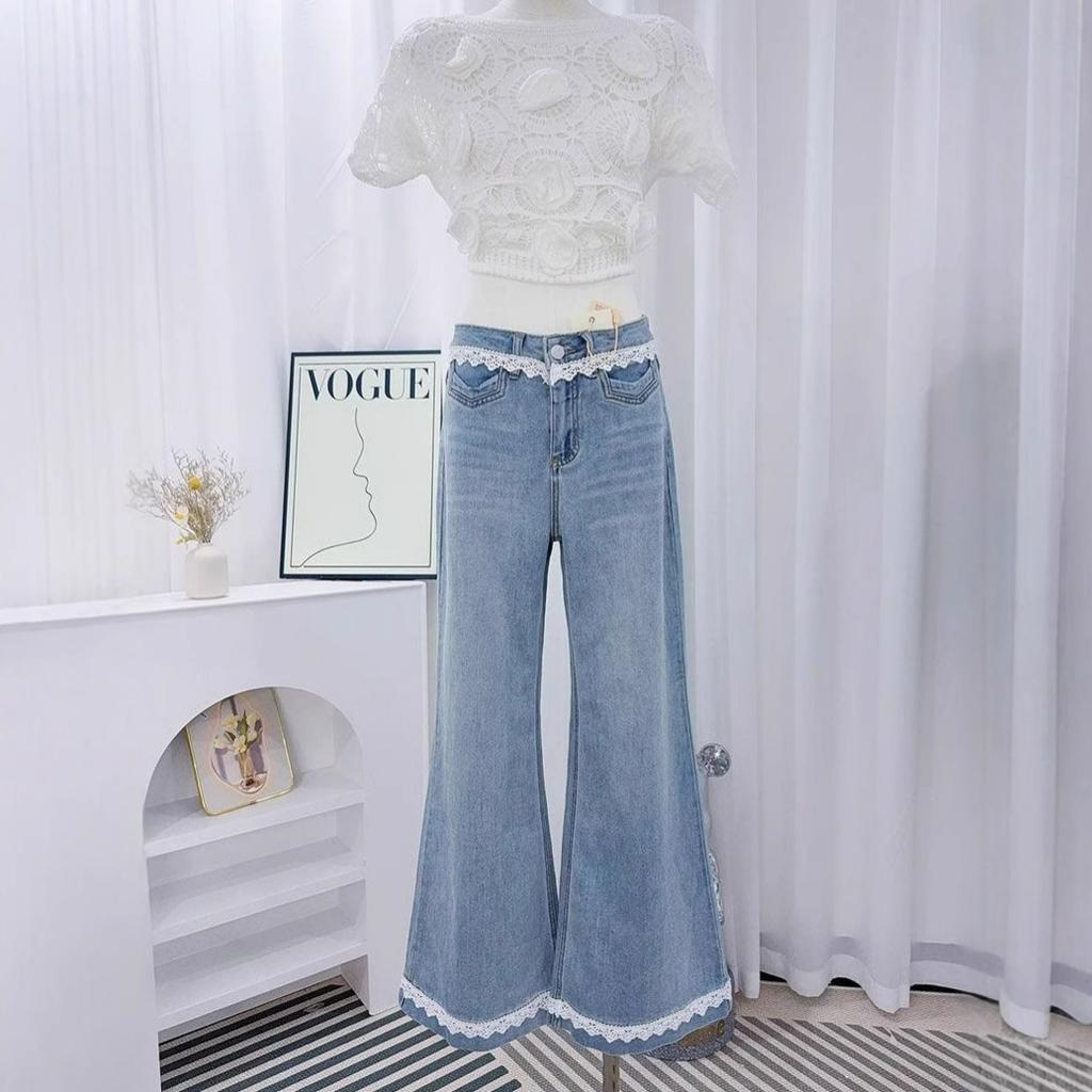 Lace Lace Jeans Not Sticking To The Legs of The Micro-large Jeans Loose Loose Women's Large Size High-waisted Flared Wide-legged Long Trousers