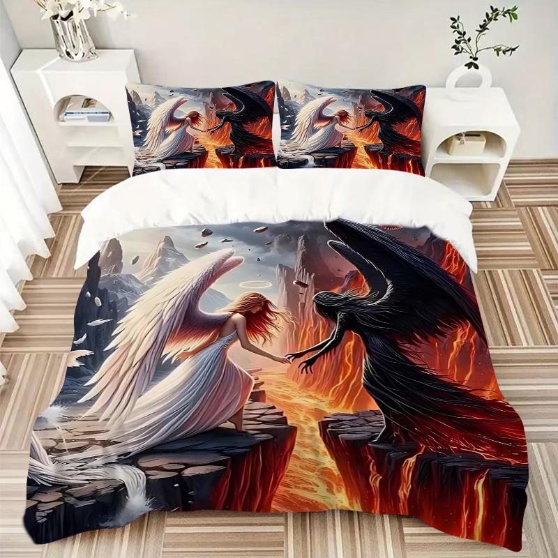 3pcs Angel vs Devil Fantasy Art Print, One Quilt Cover and Two Pillowcases (No Core), Anime Cartoon Design for Bedding Set, Home Decor, Gift