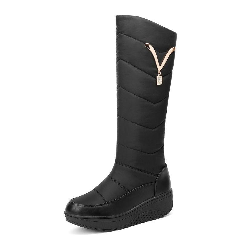 Herbst und Winter Dicke Baumwollschuhe Warmes Fell Damen Hohe Schneestiefel Plüsch Mutterschuhe Wasserdicht Casual Wedge Kniehohe Stiefel Große Größe