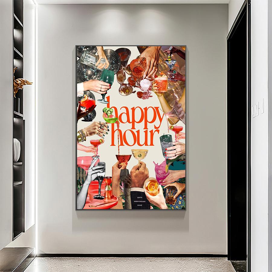 Happy Hour Quotes Wall Arts, Colorful Cocktail Posters, Disco Ball Prints Fashion Cheers Wall Art Decor, NO Frame