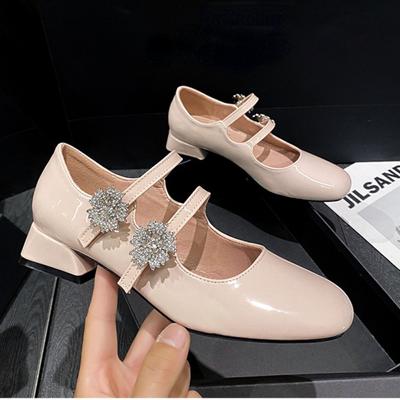 Fashion Retro Shoes Women French Square Head Rhinestone Flower Diamond Women's Wedding Shoes Bride with Thick Heels Mary Jane Shoes