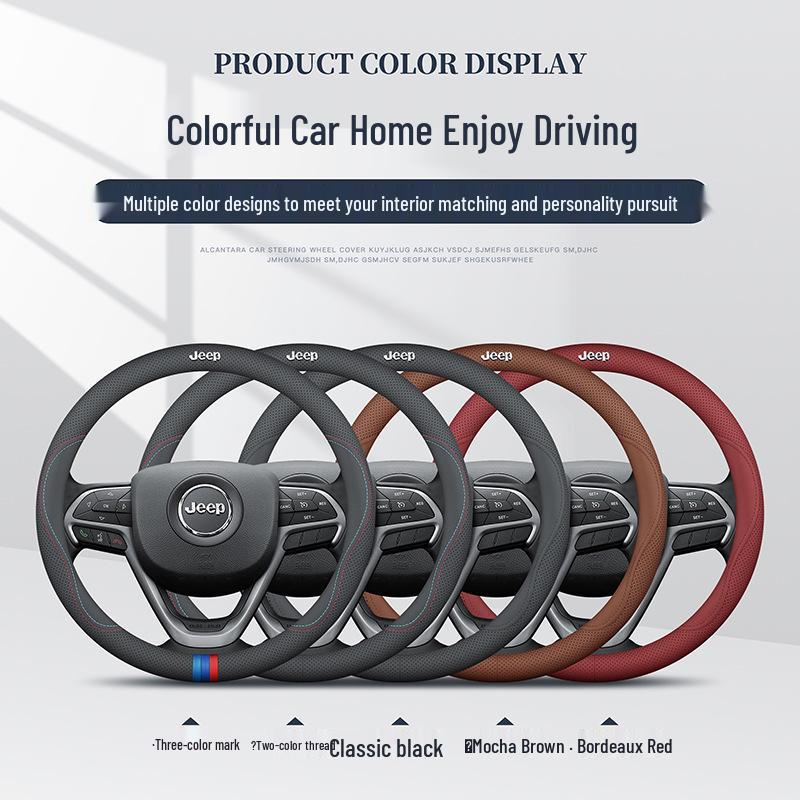 Universal Genuine Leather Steering Wheel Cover for Jeep Cherokee, Wrangler, Compass, Renegade - All-Season Use