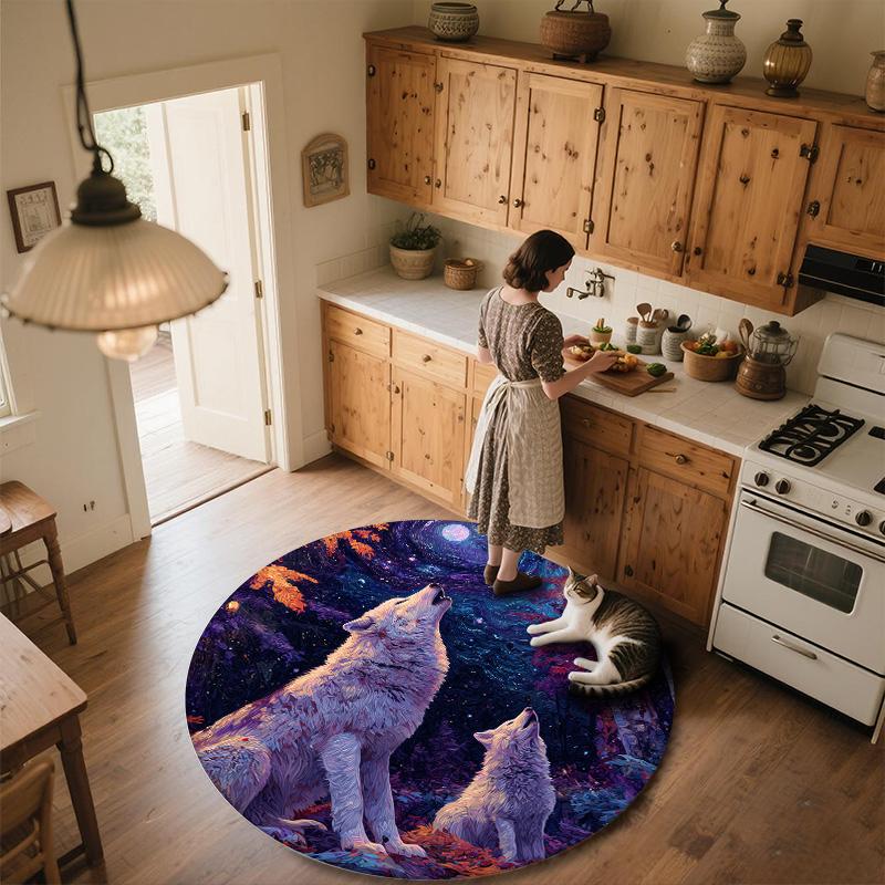 Two White Wolves,Round Area Rug,Carpet Rug for Living Room Bedroom Sofa Playroom Decor,Non-slip Floor Mat