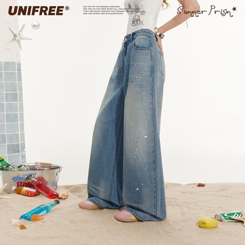 UNIFREE Retro Rhinestone Wide-Leg Jeans M