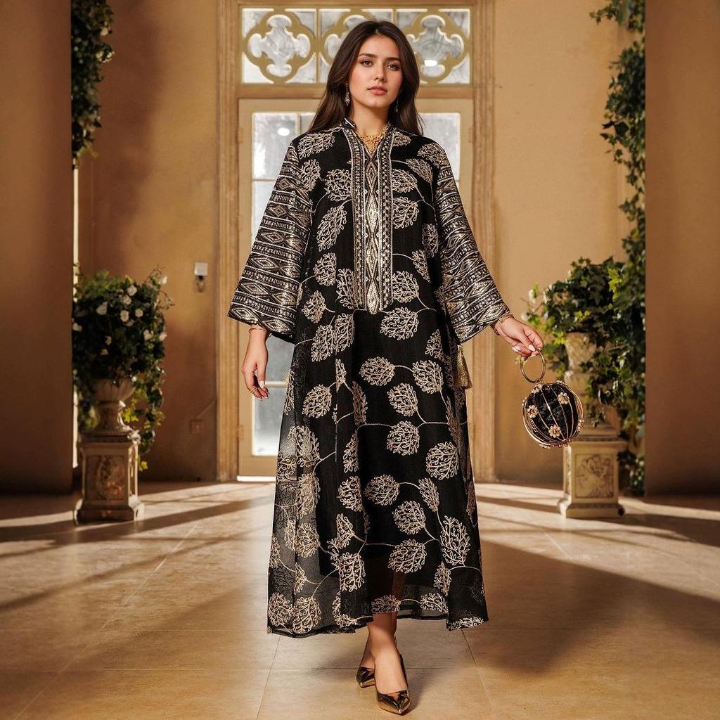 Spring/Summer Tassel Leaf Embroidered Muslim Long Dress - Elegant & Fashionable Cover-up Robe