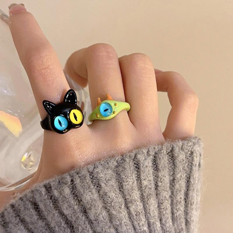 Cute Green Monster Rings Women Sweet Two Color Cat Eyes Open Couple Ring Wedding Finger Accessories Jewelry Gift