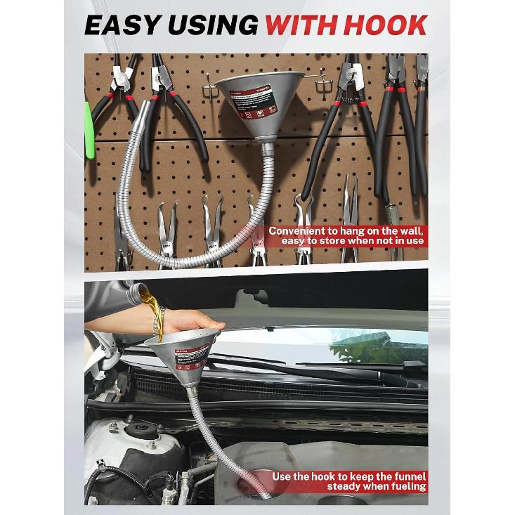 BILITOOLS 26.2" Steel Flexible Oil Funnel With Filter For Automotive Use, Metal Bendable Spout Funnel For Oil Fluids Change, Long Funnels For