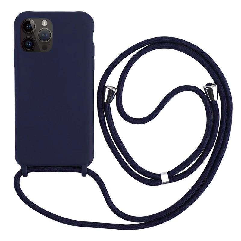 Cordon de Collier Tour de Cou Cordon Étui de Téléphone Pour iPhone 15 14 Plus 13 12 Mini 11 Pro XS Max XR X 7 8 Silicone TPU Souple Coque Arrière iphone 14 bleu foncé