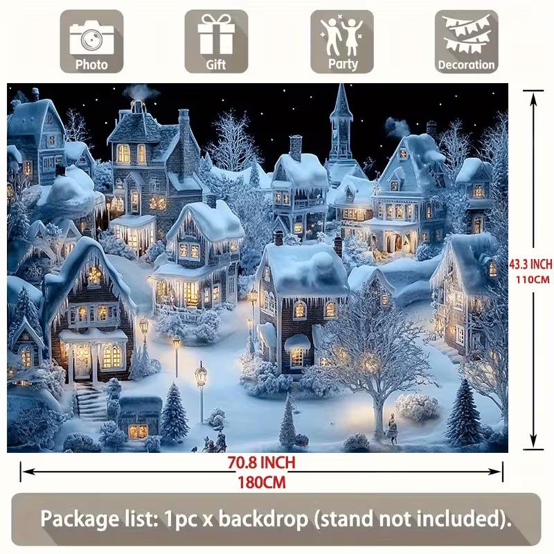 2D Flat Printing Christmas Backdrop, Snowy Houses & Street Lights Banner 47.2x31.5inch/120*80cm