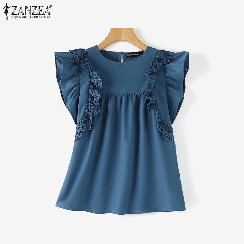 ZANZEA Women Summer Round Neck Layered Ruffle Short Sleeve Lace Blouses