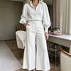 European and American Women's Temperament Solid Color Cotton and Linen Suit Long-sleeved Loose Cardigan High-waisted Wide-leg Pants